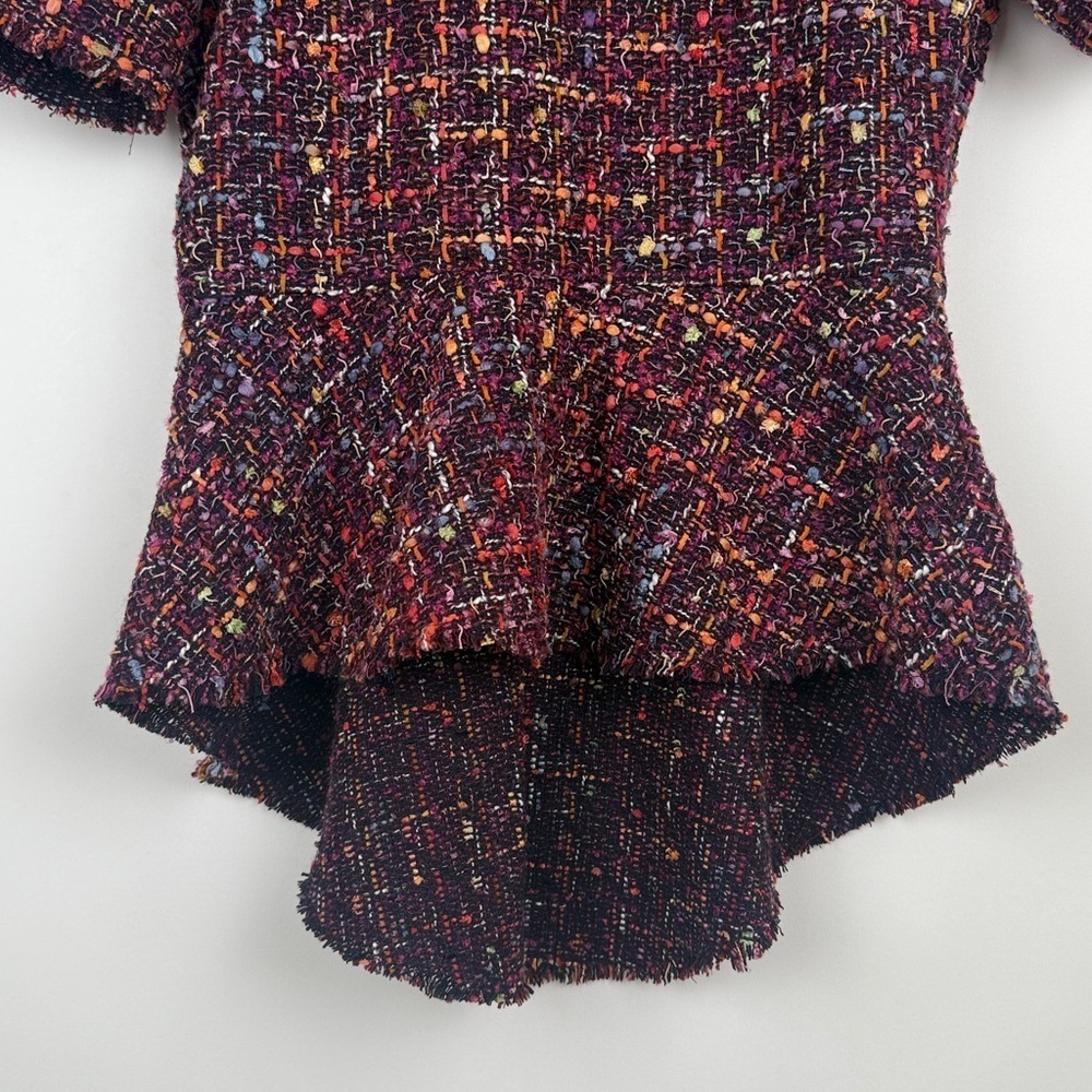 Zara Tweed Peplum Multicolor Purple Pink Raw Hem Drop Split Back Top Size XS - Picture 5 of 11
